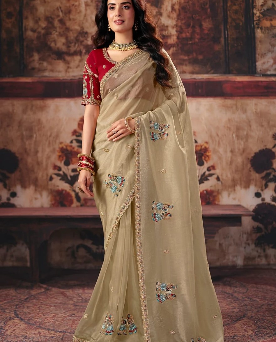 1010 - Beige & Red Designer Style Festive Wear Saree